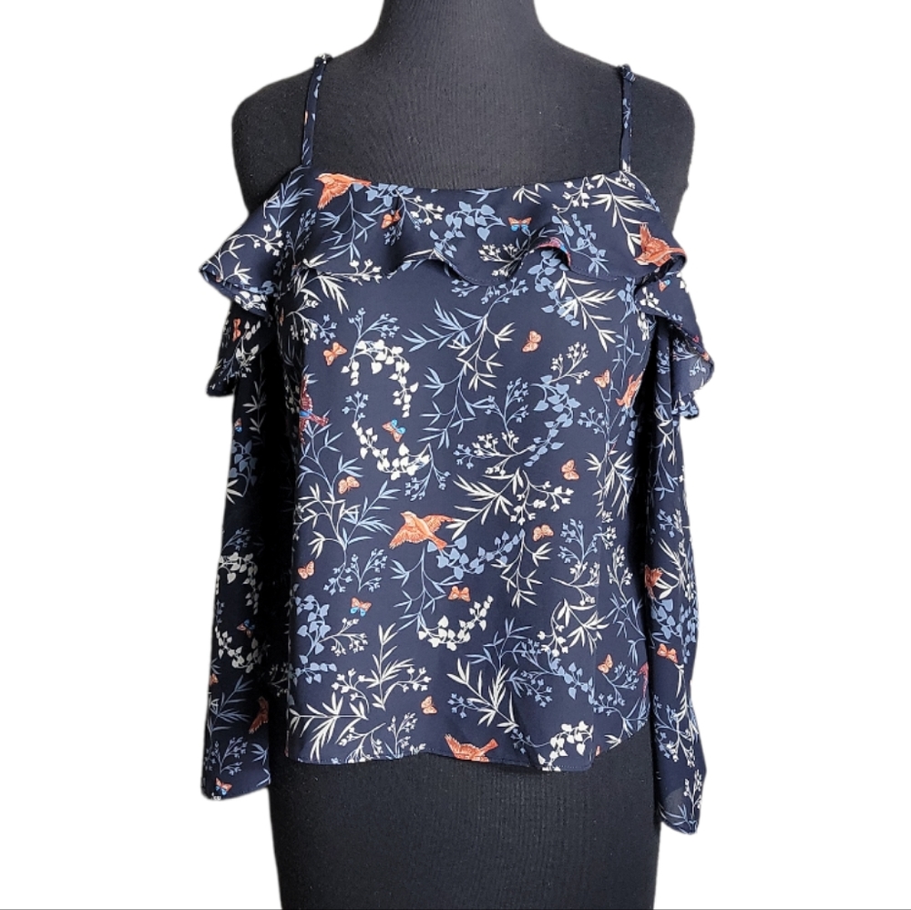 Love Fire women's small petite floral cold shoulder ruffle top boho blouse